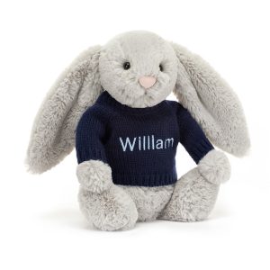 Bashful Silver Bunny with Personalized Navy Jumper