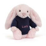 Bashful Pink Bunny with Personalized Navy Jumper
