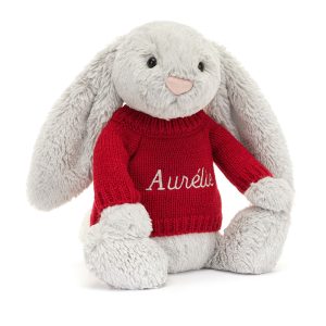 Bashful Silver Bunny with Personalized Red Jumper